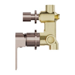 Nero Bianca shower mixer divertor body with brushed bronze trim and brass wall-mounted back plate, side view