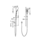 Nero Bianca shower rail technical drawing in brushed gold, showing rail shower dimensions, handpiece and hose