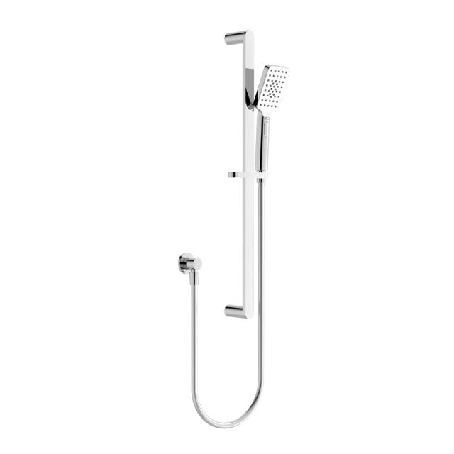 Nero Bianca wall-mounted shower rail in chrome with hand shower and hose on a white background
