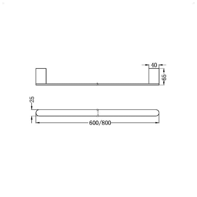 Nero Bianca single towel rail technical drawing, 800mm brushed bronze, with dimensions shown