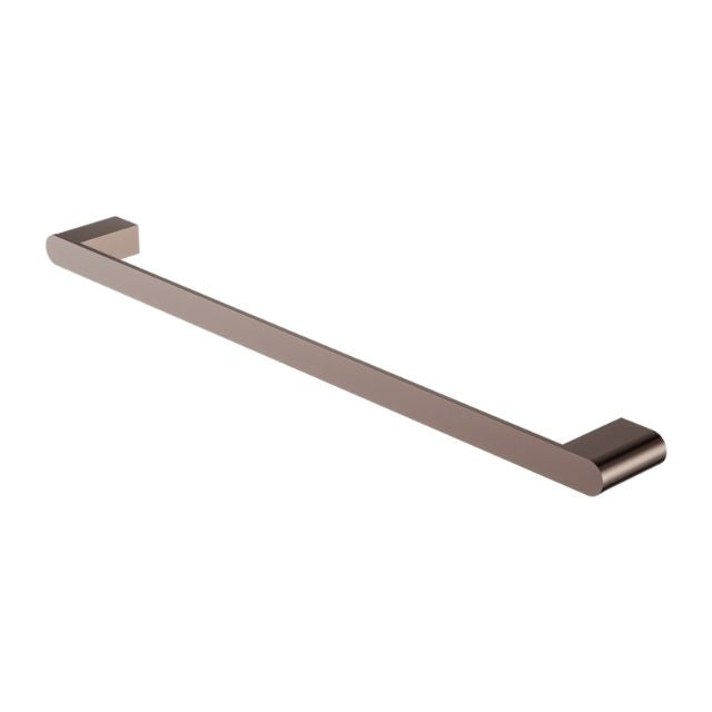 Nero Bianca single towel rail in brushed bronze, 800mm single bar with rounded wall mounts, angled view on white background