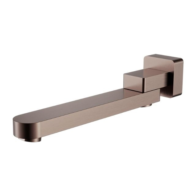 Nero Bianca swivel bath spout in brushed bronze, wall-mounted with long rectangular arm and square backplate