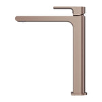 Nero Bianca tall basin mixer in brushed bronze, side view, with slim modern square spout and lever handle