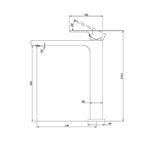 Technical drawing of Nero Bianca tall basin mixer in brushed bronze, showing side profile and dimensions 273.7mm high with 229mm spout height
