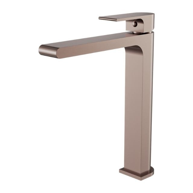 Nero Bianca tall basin mixer in brushed bronze, single lever tap with square spout and tall profile