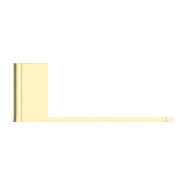 Nero Bianca toilet roll holder in brushed gold, wall-mounted L-shaped bathroom accessory on white background