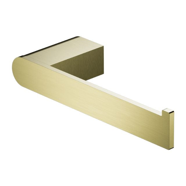 Nero Bianca toilet roll holder in brushed gold, wall-mounted modern bathroom accessory on white background
