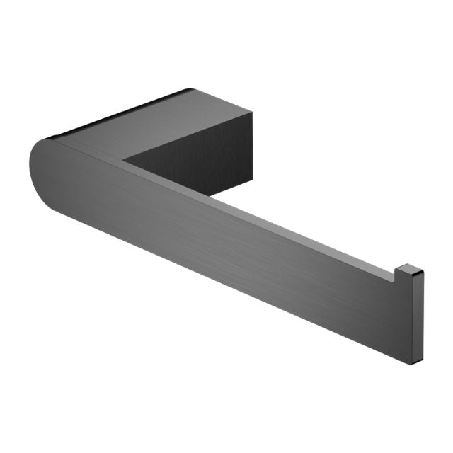 Nero Bianca gun metal toilet roll holder, modern curved wall-mounted bathroom accessory on white background