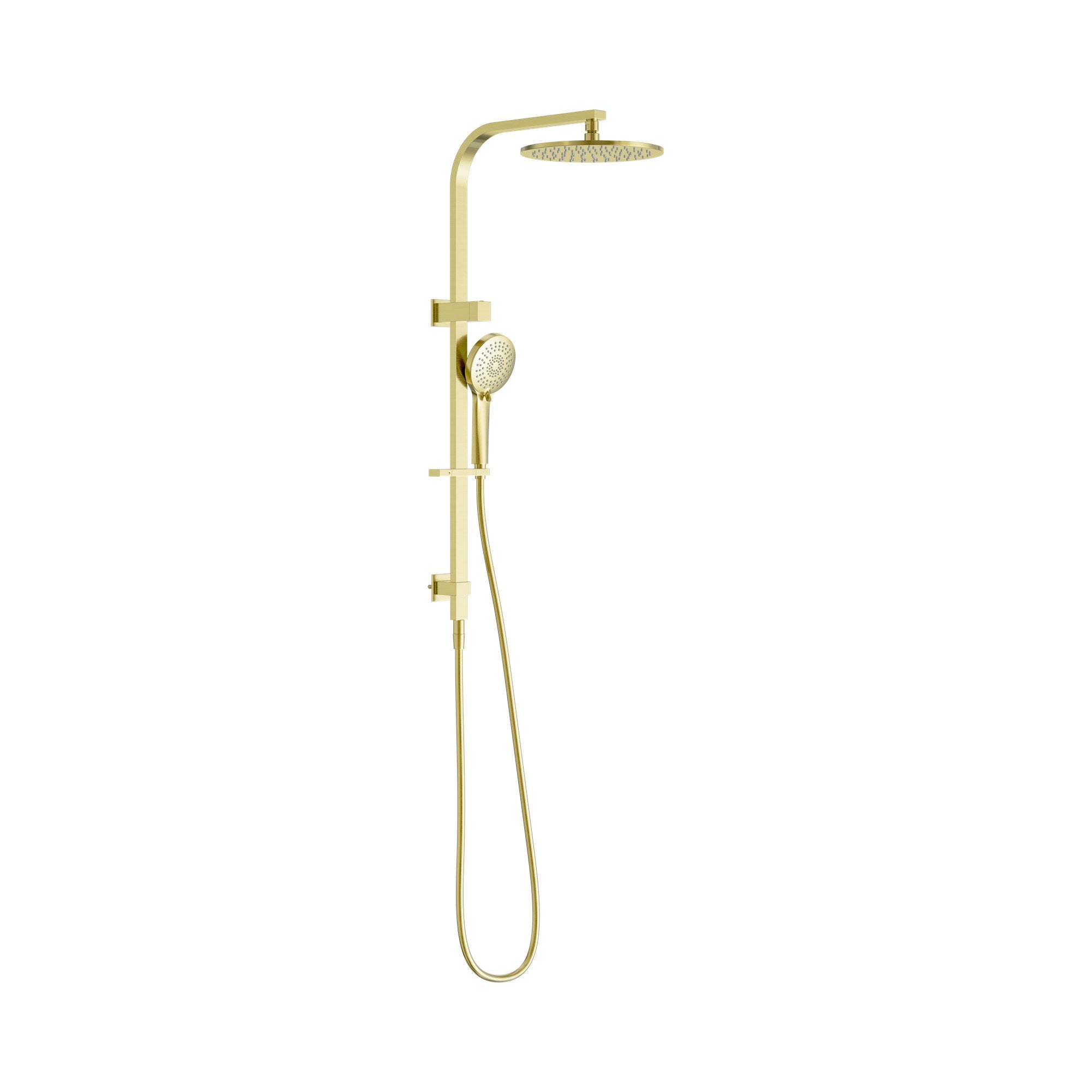Nero Bianca twin shower set in brushed gold with overhead round showerhead, hand shower and rail on white background