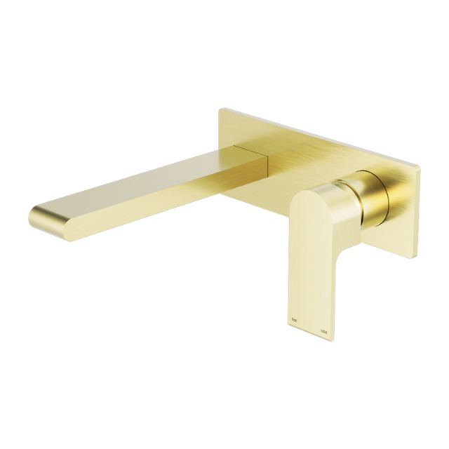 Nero Bianca wall basin/bath mixer in brushed gold, wall-mounted brass tap with square backplate and single lever spout