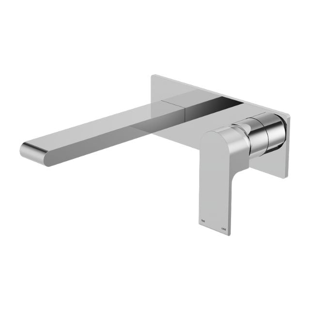 Nero Bianca wall basin/bath mixer tap in chrome, wall-mounted with long rectangular spout and square plate