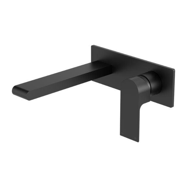 Nero Bianca wall basin/bath mixer in matte black, wall-mounted with square backplate and slim lever spout in side view