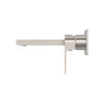 Nero Bianca wall basin/bath mixer in brushed nickel, side view, with 230mm spout and wall-mounted backplate
