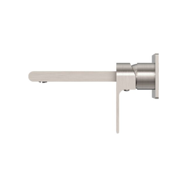 Nero Bianca wall basin/bath mixer in brushed nickel, side view, with 230mm spout and wall-mounted backplate
