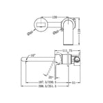 Nero Bianca wall basin/bath mixer technical drawing in brushed bronze, with separate back plate and 187mm spout reach measurements