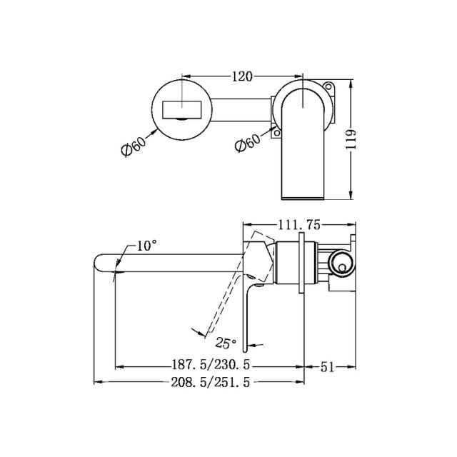 Nero Bianca wall basin/bath mixer technical drawing in brushed bronze, with separate back plate and 187mm spout reach measurements