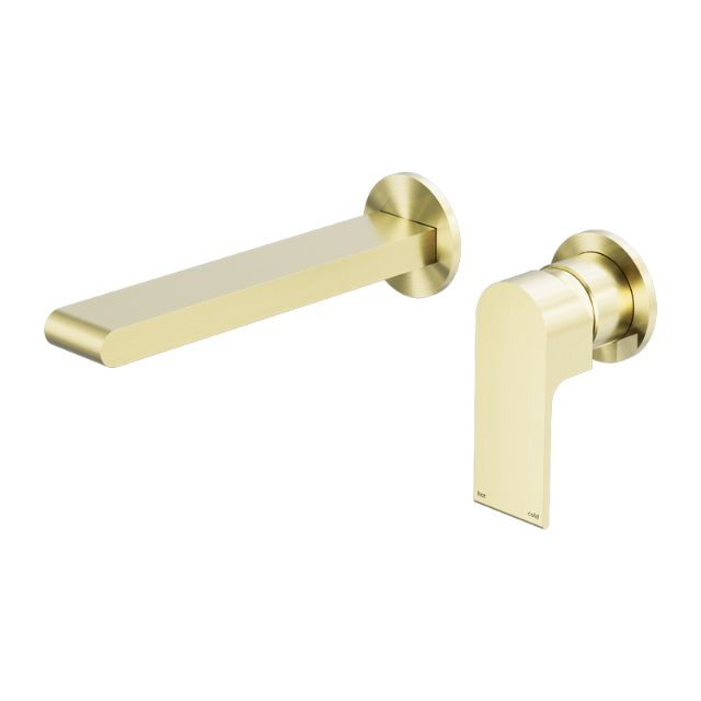 Nero Bianca wall basin/bath mixer set in brushed gold, with separate round back plates and a slim wall spout and lever handle