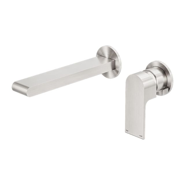 Nero Bianca brushed nickel wall basin/bath mixer set with separate round back plates, shown in two views
