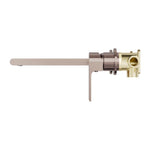 Nero Bianca wall basin/bath mixer in brushed bronze, side view with separate back plate and extended spout