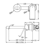 Technical drawing of Nero Bianca wall basin/bath mixer with separate backplate, showing dimensions and 230mm matte black spout