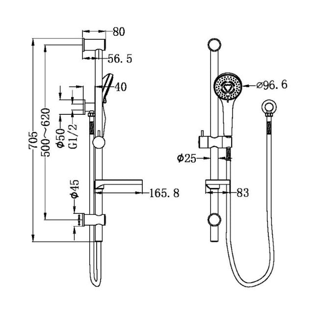 Technical drawing of Nero Builder Budget chrome shower rail, showing wall-mounted rail, hand shower and dimensions