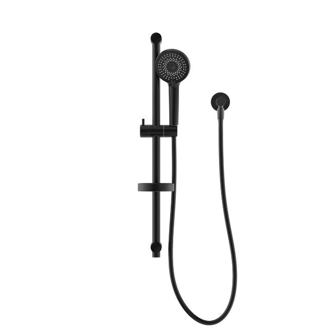 Nero Builder Project matte black rail shower with hand shower, hose and wall rail, front view
