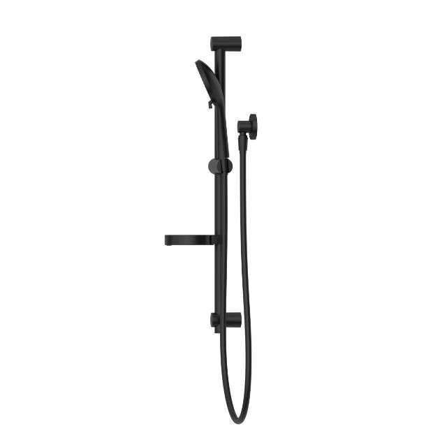 Nero Builder Project matte black rail shower with handheld shower head and hose on a wall-mounted rail