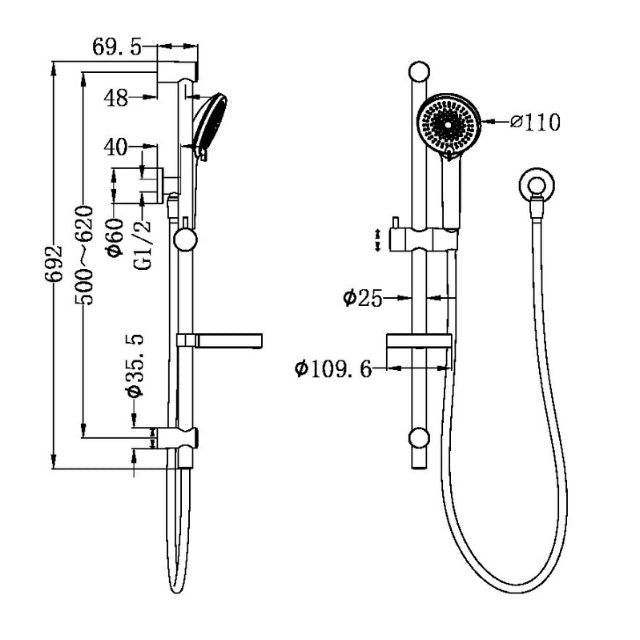 Technical drawing of Nero Builder Project rail shower in matte black, showing wall-mounted rail, handset and hose with measurements.