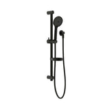 Nero Builder Project matte black rail shower with handheld showerhead and hose on wall rail