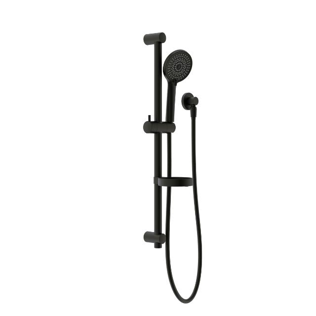 Nero Builder Project matte black rail shower with handheld showerhead and hose on wall rail