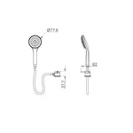 Nero Caravan External Shower chrome hand shower and hose technical drawing with dimensions in front and side view