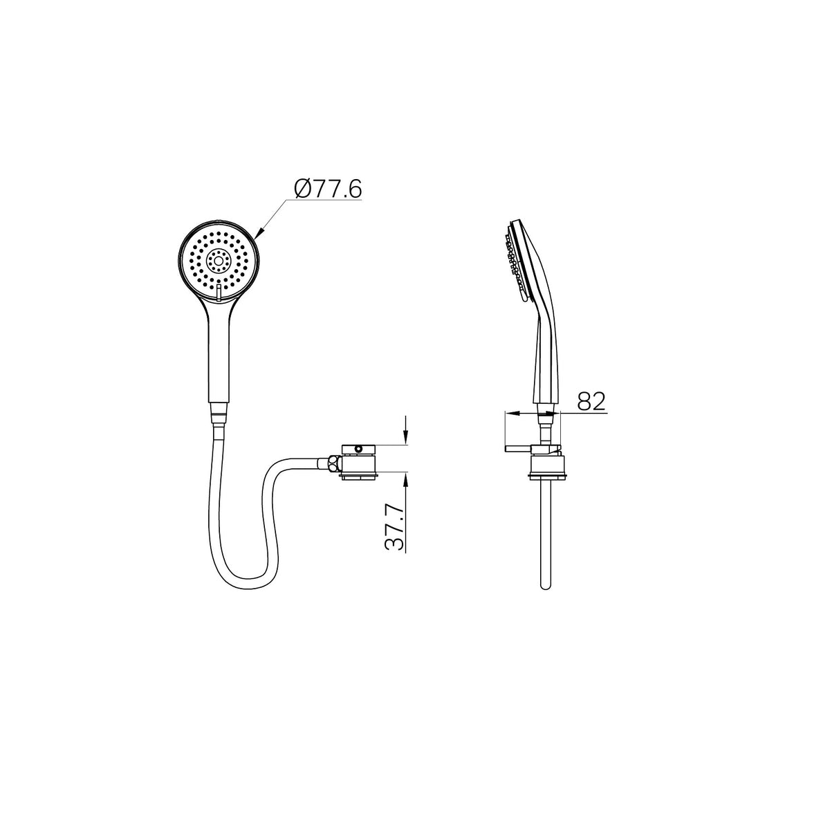 Nero Caravan External Shower chrome hand shower and hose technical drawing with dimensions in front and side view