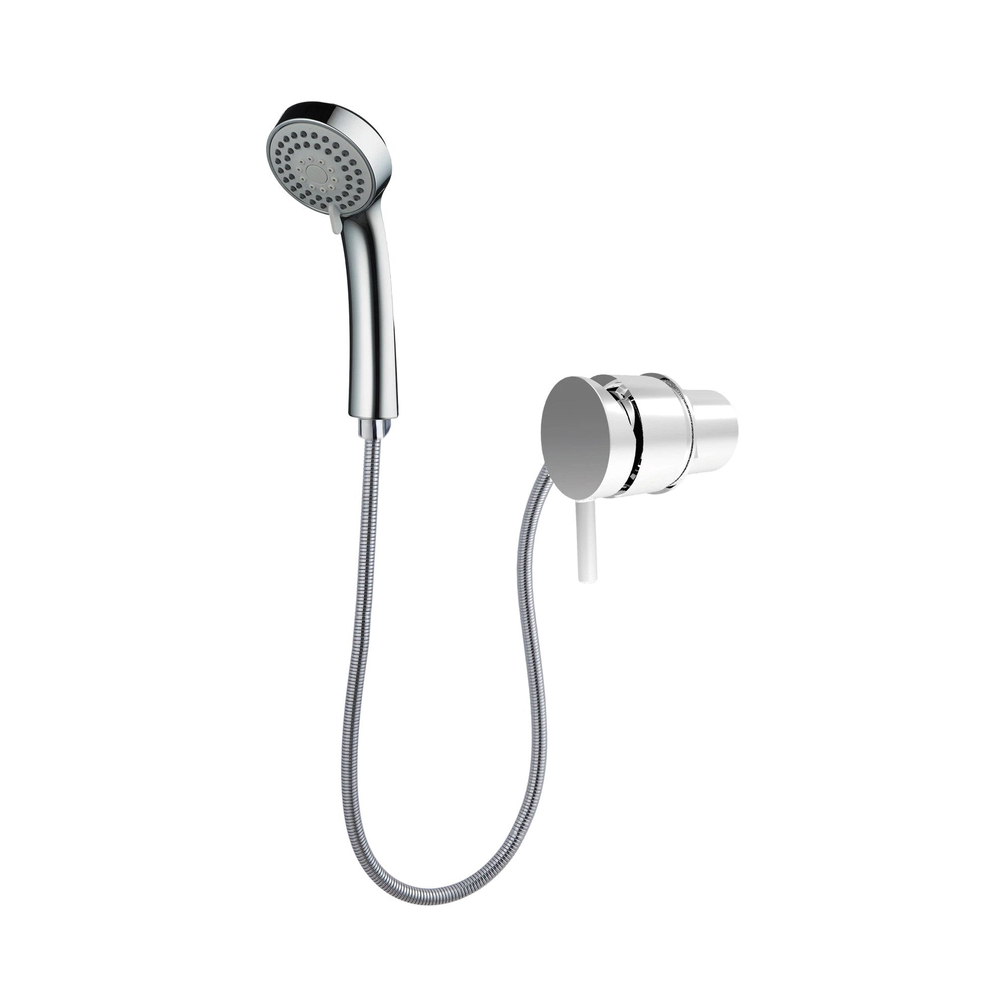 Nero Caravan external shower in chrome, with wall-mounted mixer, hand shower and hose on white background