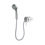 Nero Caravan external shower in chrome, with wall-mounted mixer, hand shower and hose on white background