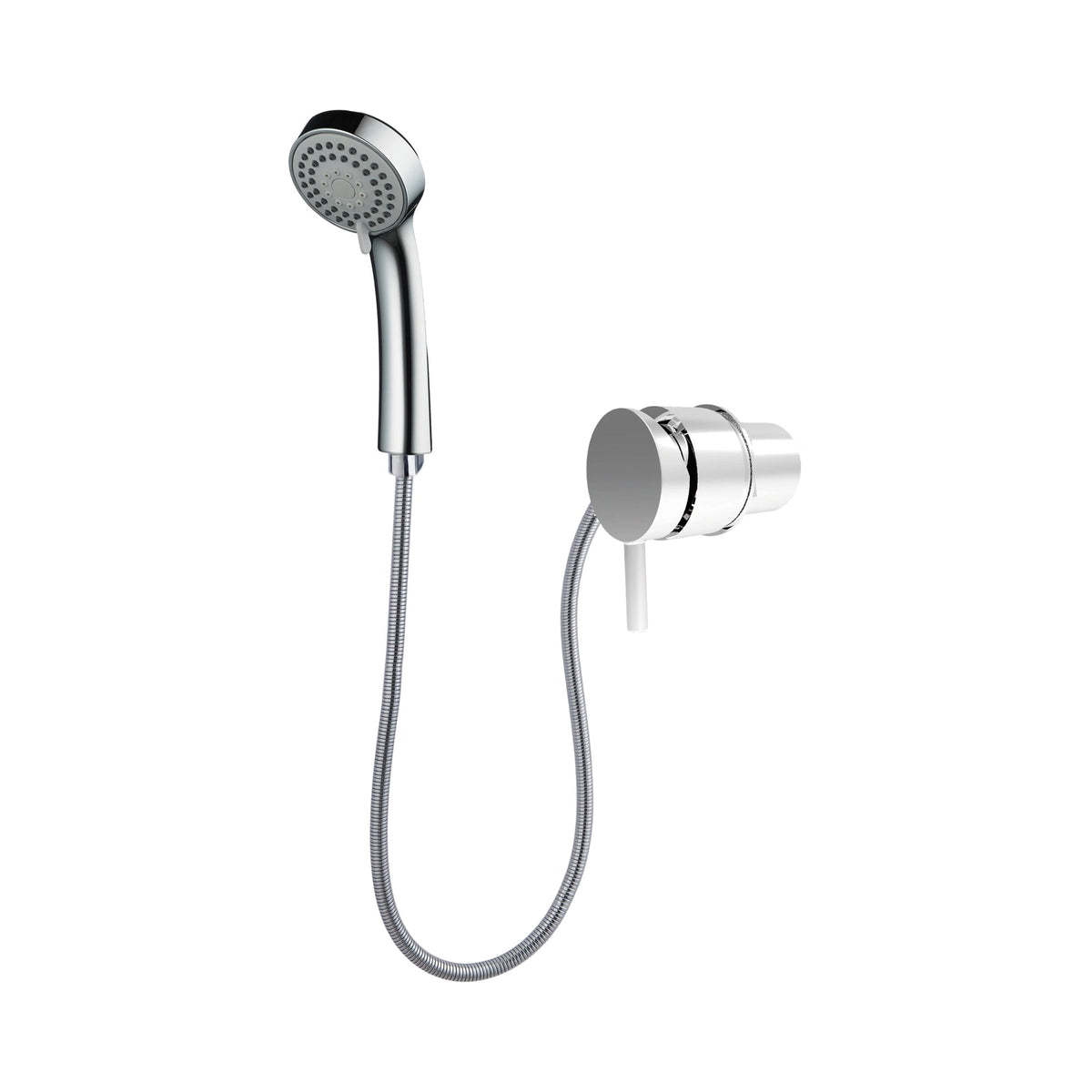 Nero Caravan external shower in chrome, with wall-mounted mixer, hand shower and hose on white background