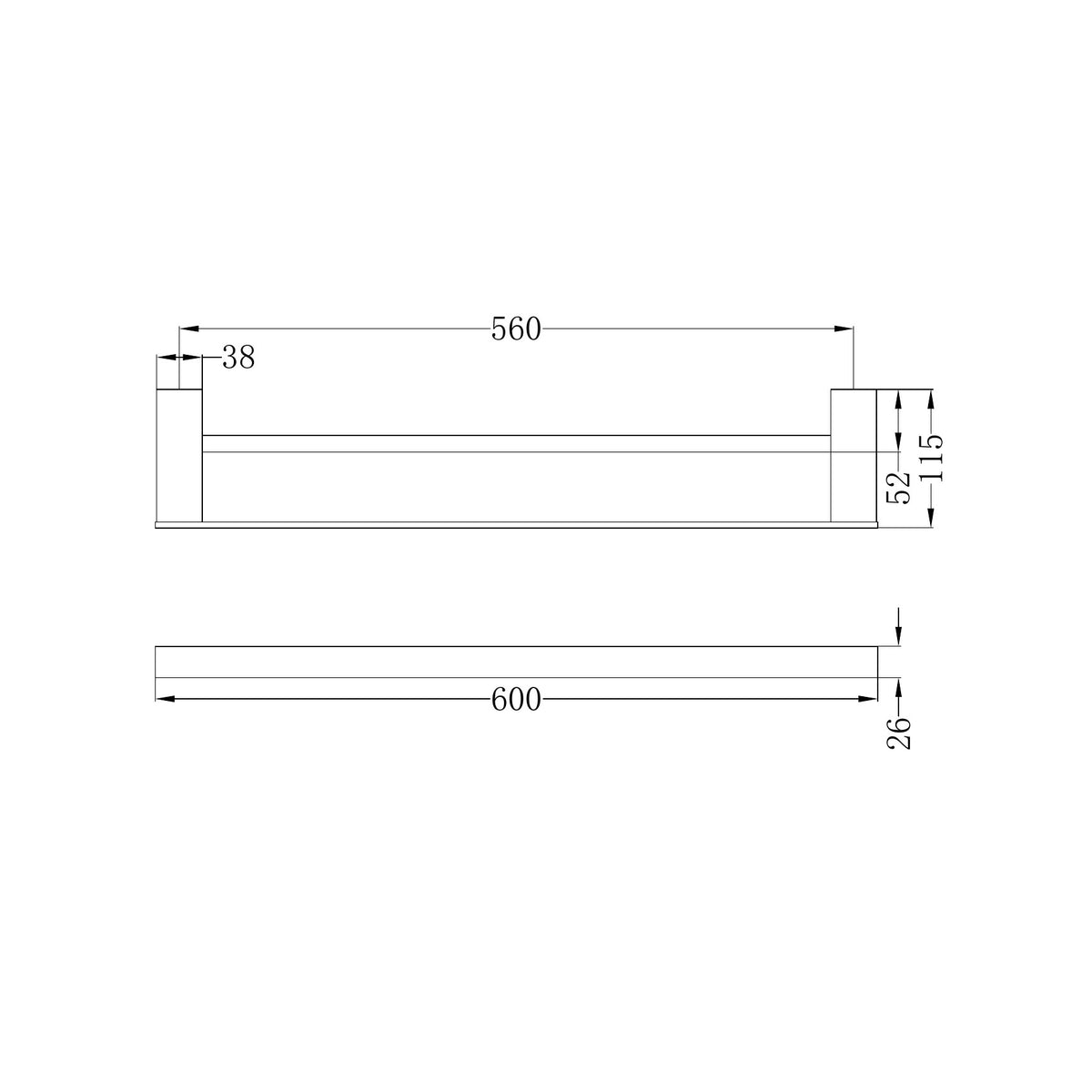 Technical drawing of Nero Celia double towel rail in chrome, with 600mm length and dimensions marked in millimetres