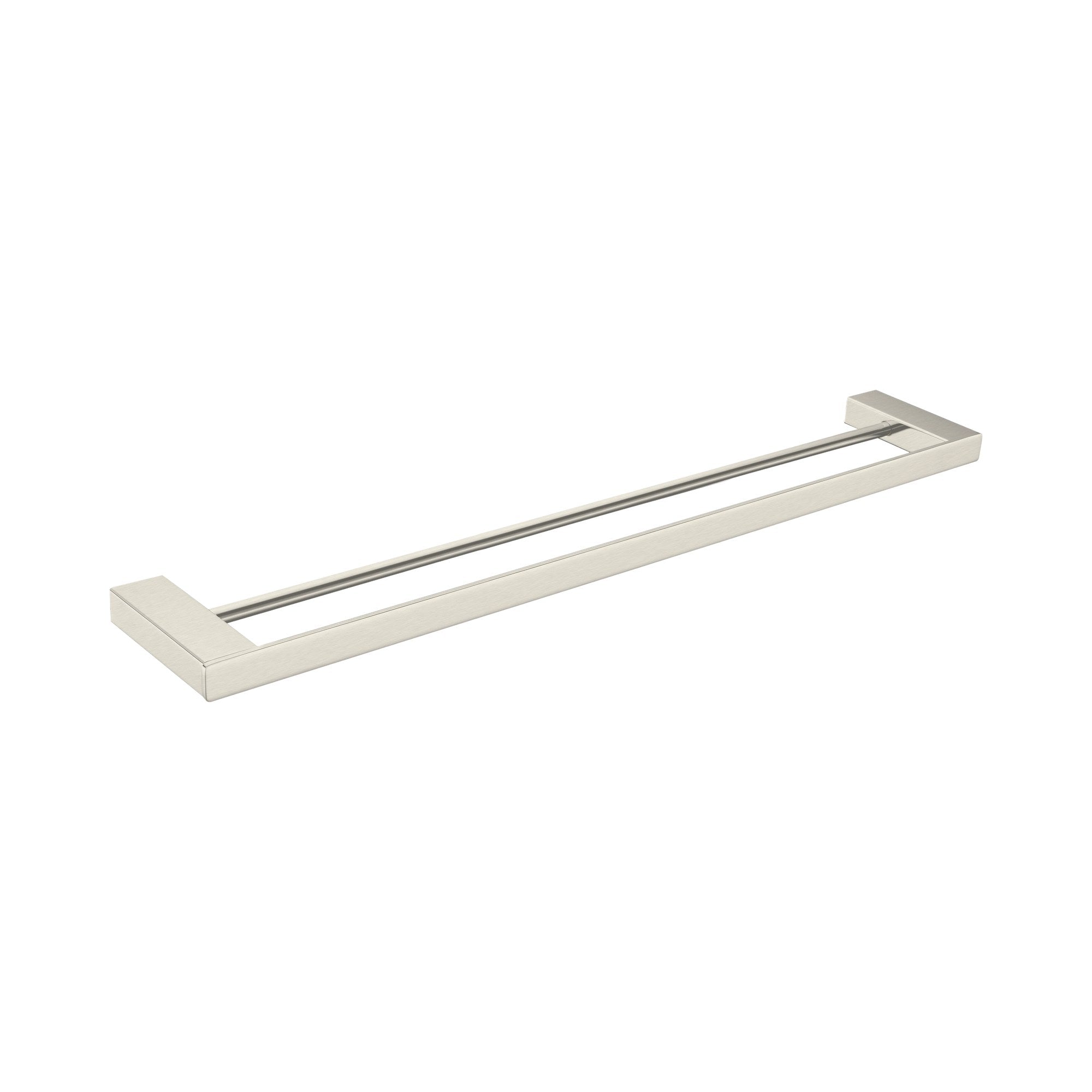 Nero Celia double towel rail in brushed nickel, angled view on white background