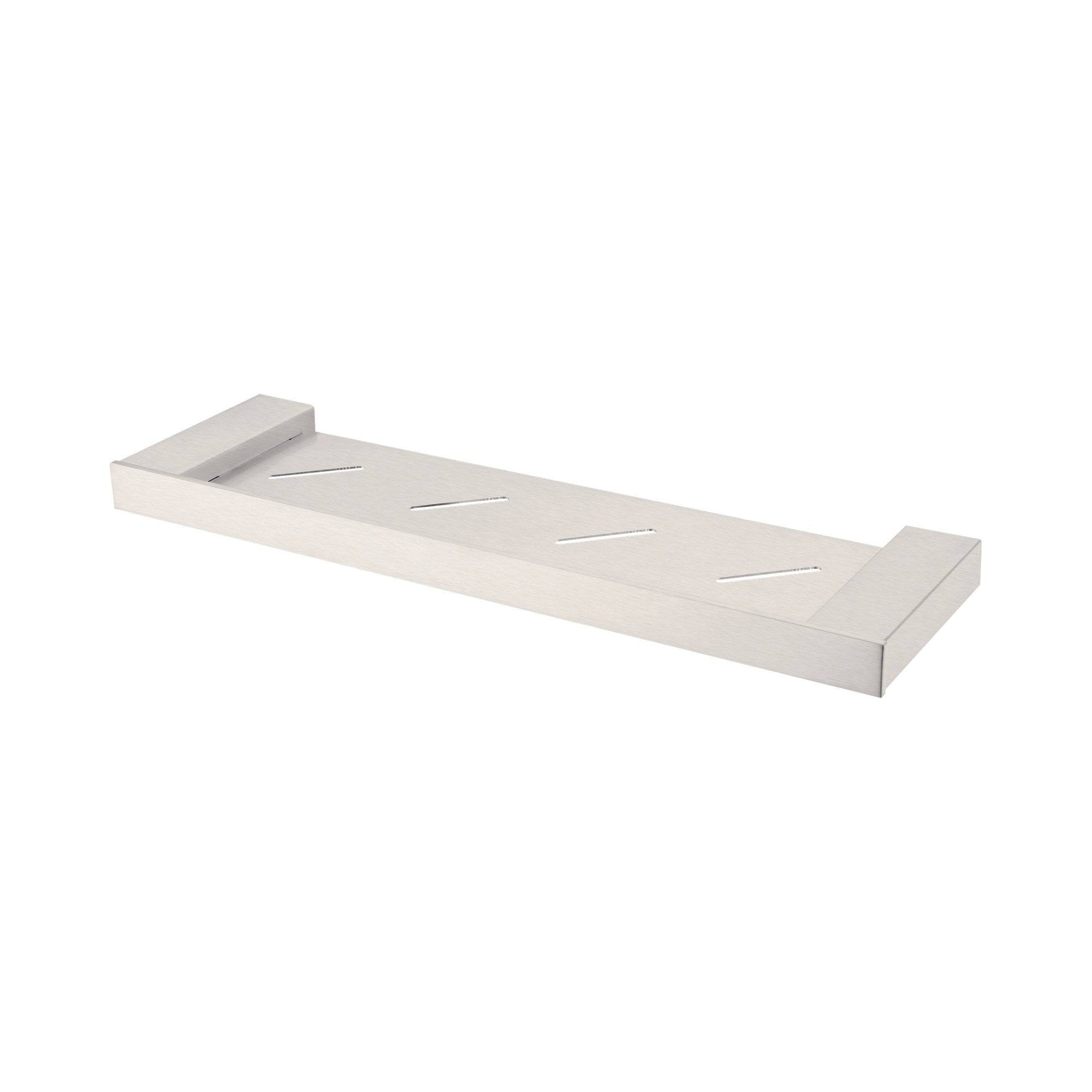Nero Celia brushed nickel metal bathroom shelf with slim wall-mounted design and slotted base