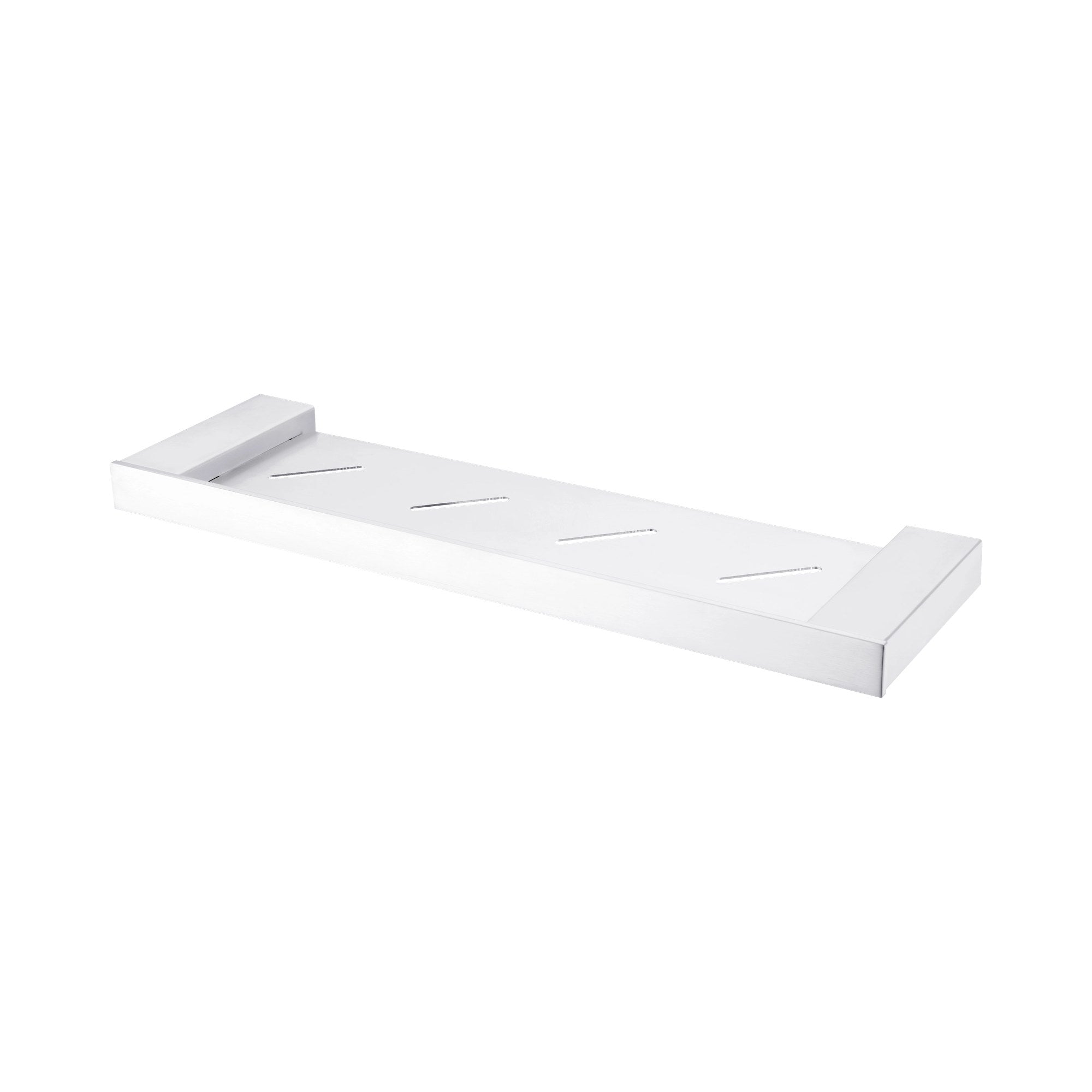 Nero Celia chrome metal bathroom shelf, slim wall-mounted design, angled studio view