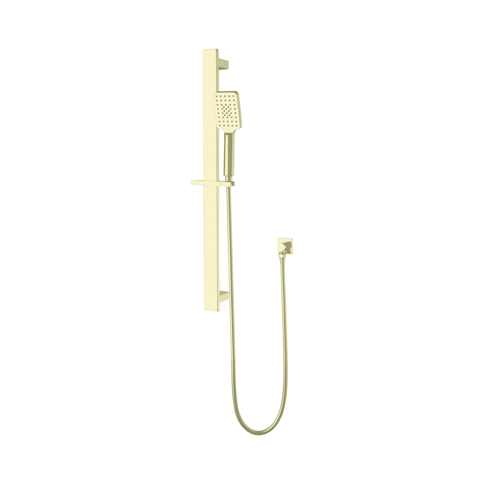 Nero Celia brushed gold shower rail with square handset, wall outlet and flexible hose on a white background