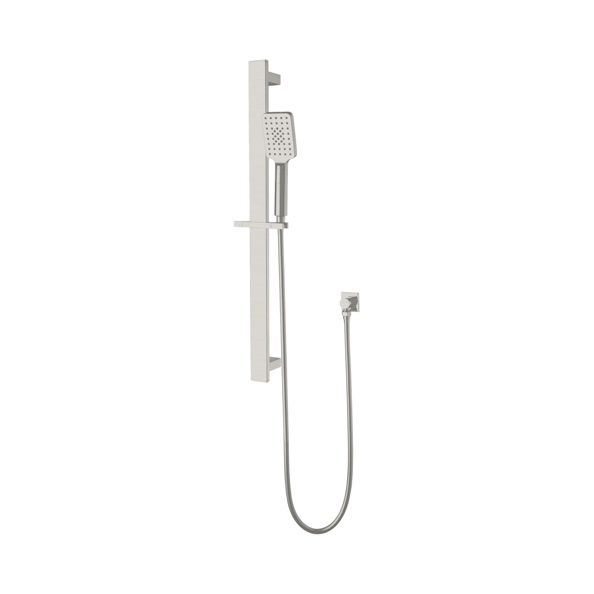 Nero Celia wall-mounted shower rail in brushed nickel with handheld, slider and flexible hose on white background