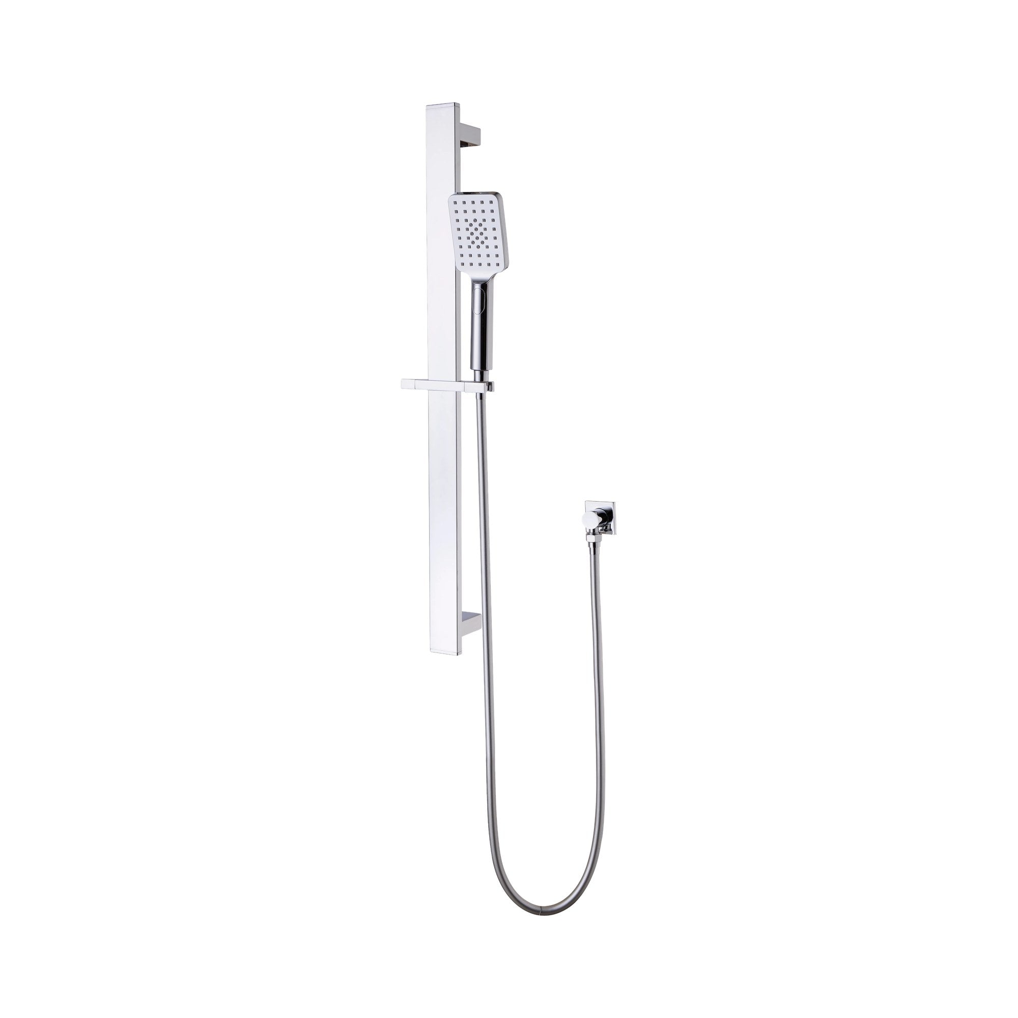 Nero Celia chrome shower rail with square handset, hose and wall outlet, shown on a white background