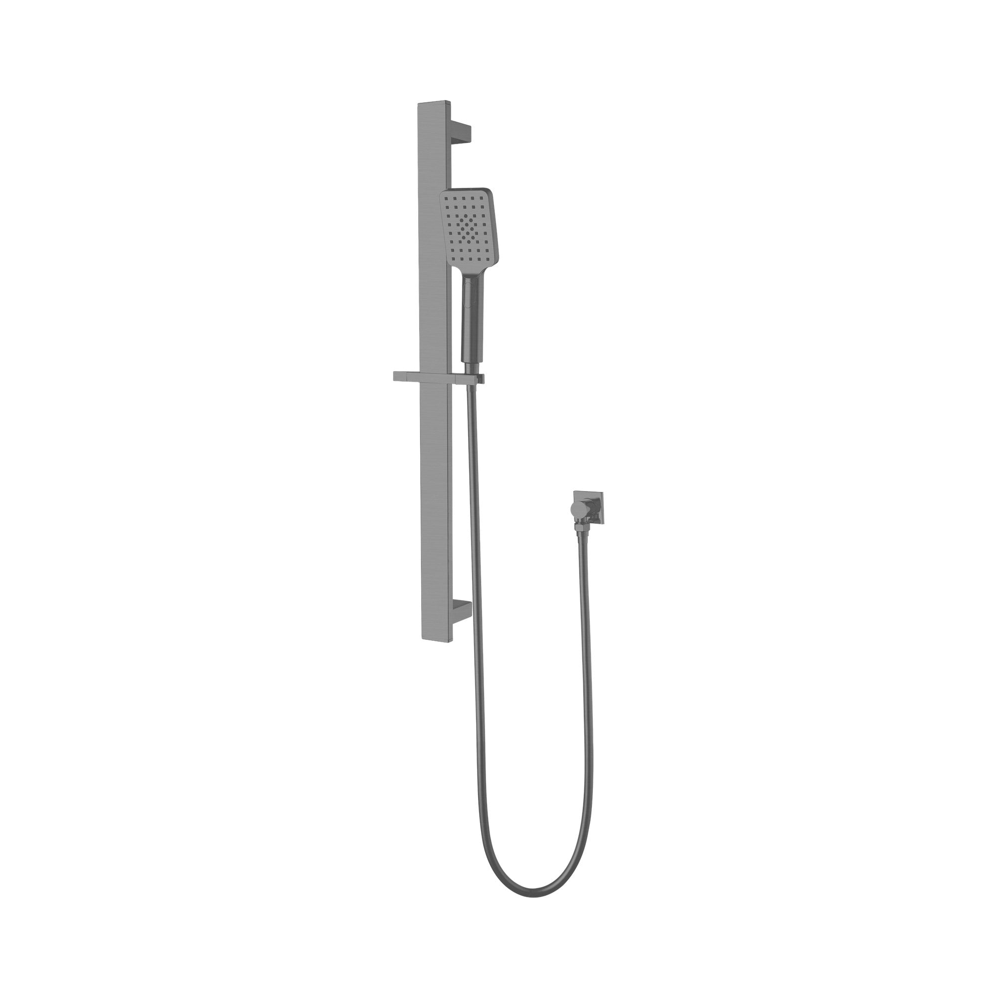 Nero Celia gun metal shower rail with handheld shower, square wall-mounted rail and hose on white background