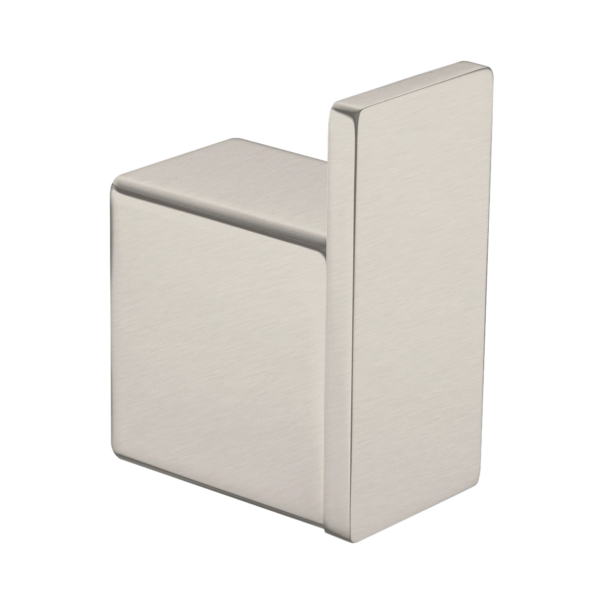 Nero Celia brushed nickel robe hook, square wall-mounted bathroom accessory on white background