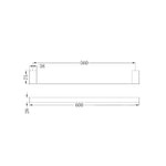 Technical drawing of Nero Celia single towel rail, showing 600mm length and 560mm fixing centres in brushed nickel.