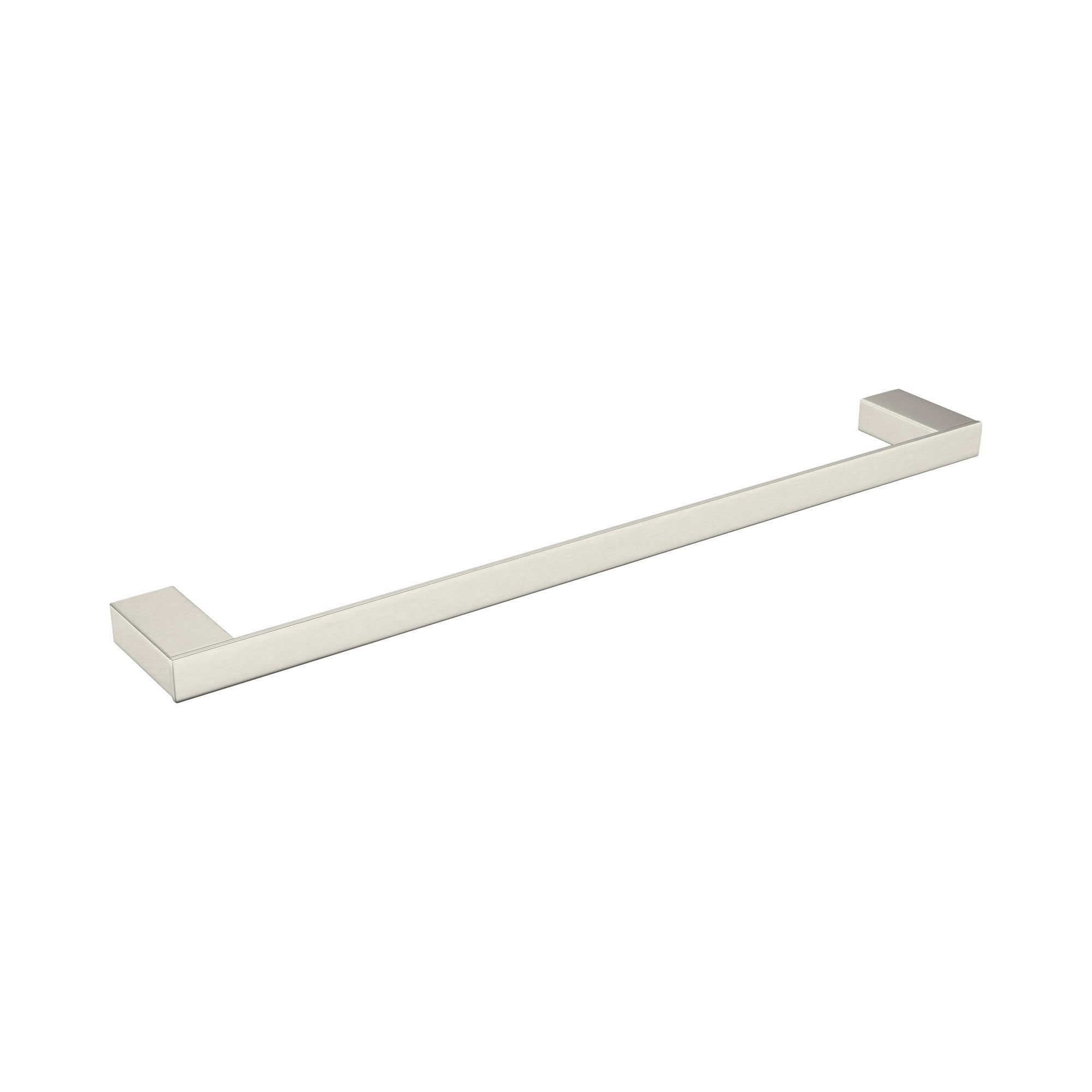 Nero Celia single towel rail 600mm in brushed nickel, shown on a white background in an angled product view