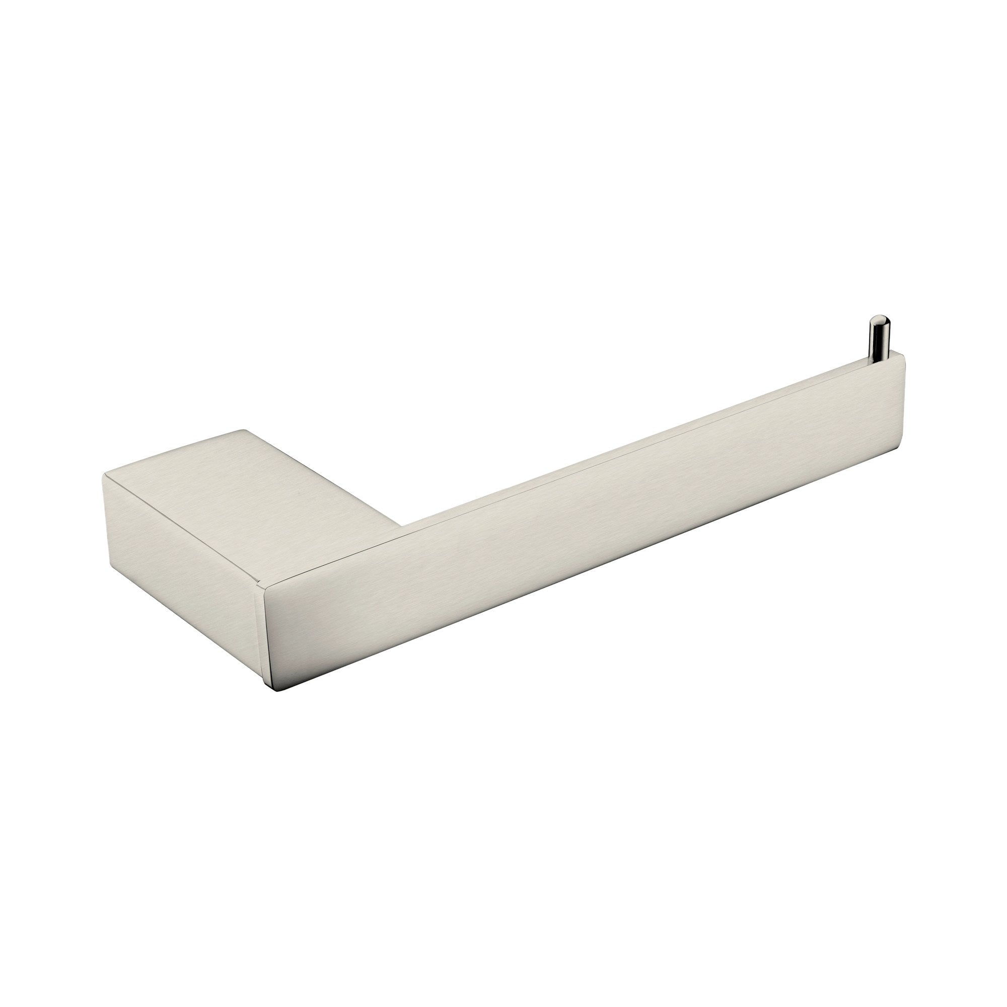 Nero Celia wall-mounted toilet roll holder in brushed nickel, angled product view on white background