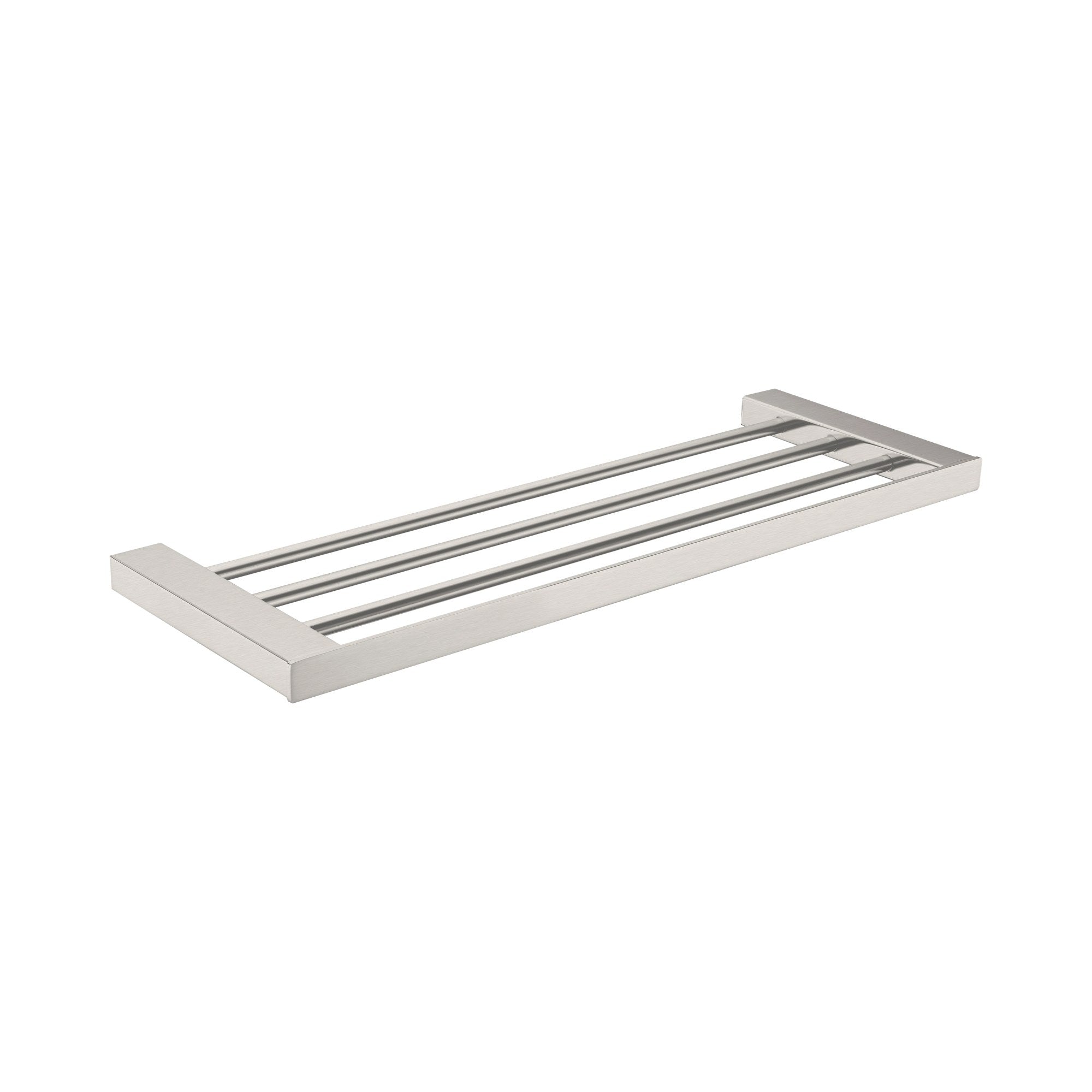 Nero Celia brushed nickel towel rack with four bars, rectangular wall-mounted bathroom accessory on white background