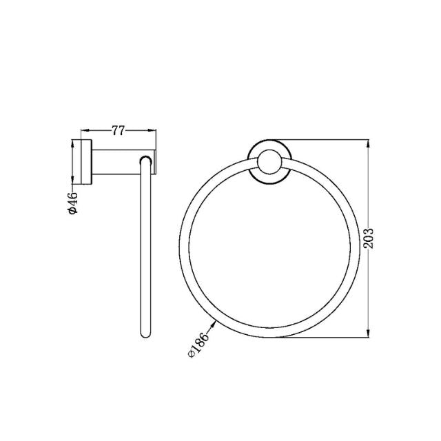 Nero Classic hand towel ring technical drawing in brushed nickel, with dimensions 203mm high and 186mm ring diameter