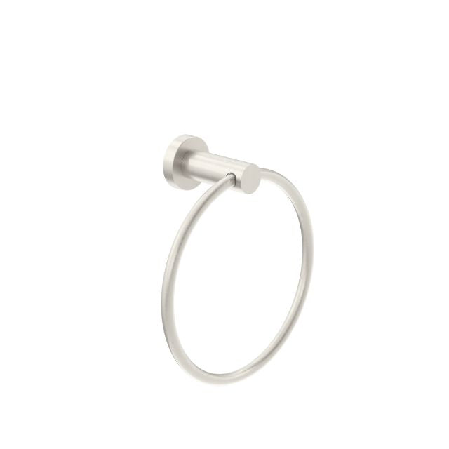 Nero Classic brushed nickel hand towel ring, wall-mounted bathroom accessory, round stainless steel ring on white background